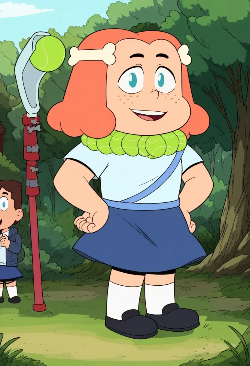 score_8, score_8_up, score_7_up, 1girl, female focus, Solo, Brigid_CotC, light skin, blue eyes, black eyebrows, orange hair, short hair, bones hairclips, small nose, freckles face, pale blue t-shirt, tennis balls necklace, dark blue skirt, white socks, black shoes, full body, smile, standing, outside, grass, forest, Sunny, Blue sky, looking at the viewer, happy, hean on, hands on hips