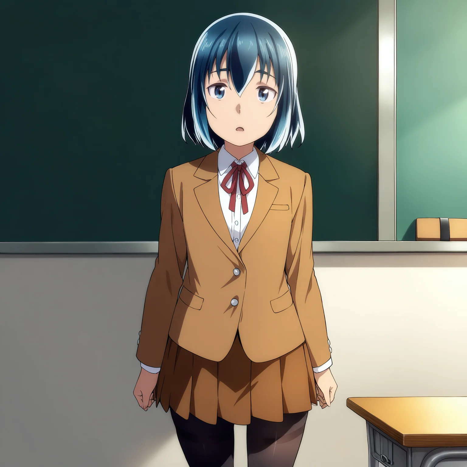 sharp focus, pixiv masterpiece, score_9, score_8_up,  source_anime, score_7_up, best quality, high res, absurd res, BREAK
 <lora:Hina_hinamatsuri_illustrious_v32:1>, hina_matsuri_il, (1girl, solo:1.5), short_hair, blue_hair, blue_eyes, brown_miniskirt, black_stockings, brown_blazer, white_collared_shirt, red_ribbon,  cowboy shot, classroom