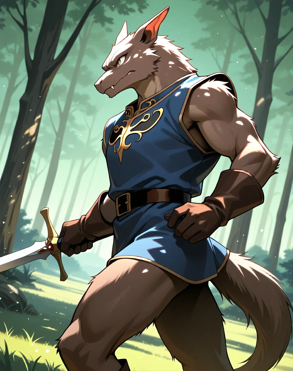 <lora:Kobold_(Record_of_Lodoss_War)_(Illustrious)_(AD):0.85> kobold, muscular, Record of Lodoss War,
dutch angle, exterior, battleground, dynamic action, dutch angle, fantasy forest, nature landscape,
kobold soldier, no pants, fur tail, furry body, cowboy shot, sword, bent leg, twisted torso, male chest focus,
BREAKvery awe, aesthetically pleasing, masterpiece, best quality, amazing quality, very aesthetic, perfect depth of field shot, masterclass color theory, in'ei, gradient style coloring, source_anime, masterclass anime,
Smooth Quality, lazympos, IllustQualXL_Pos,
