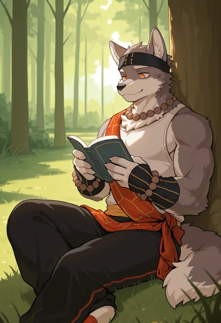 masterpiece, best quality, amazing quality, furry male, 1boy, bara, muscular male, male focus, indoors, triratna, wolf boy, black headband, bead necklace, black pants, bead bracelet, white tank top, red sash, holding book, open book, reading book, smile, relaxed, sitting under tree, daytime, forest, grass, peaceful