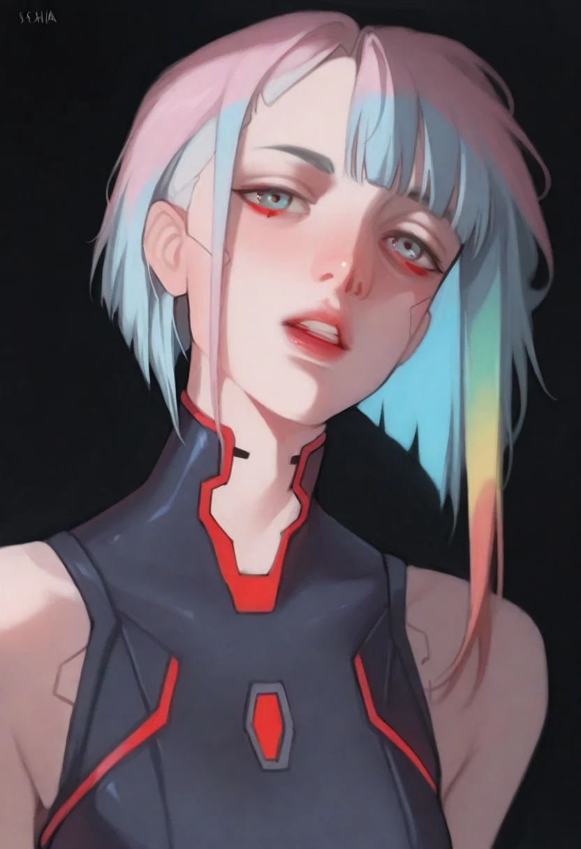 by Sasha-SK
masterpiece, best quality, absurdres, highres, general, 1girl, lucy \(cyberpunk\), solo, parted lips, short hair, looking at viewer, upper body, bangs, multicolored hair, bodysuit, cyberpunk, black background