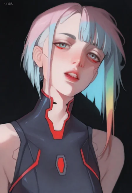 by Sasha-SK
masterpiece, best quality, absurdres, highres, general, 1girl, lucy \(cyberpunk\), solo, parted lips, short hair, looking at viewer, upper body, bangs, multicolored hair, bodysuit, cyberpunk, black background