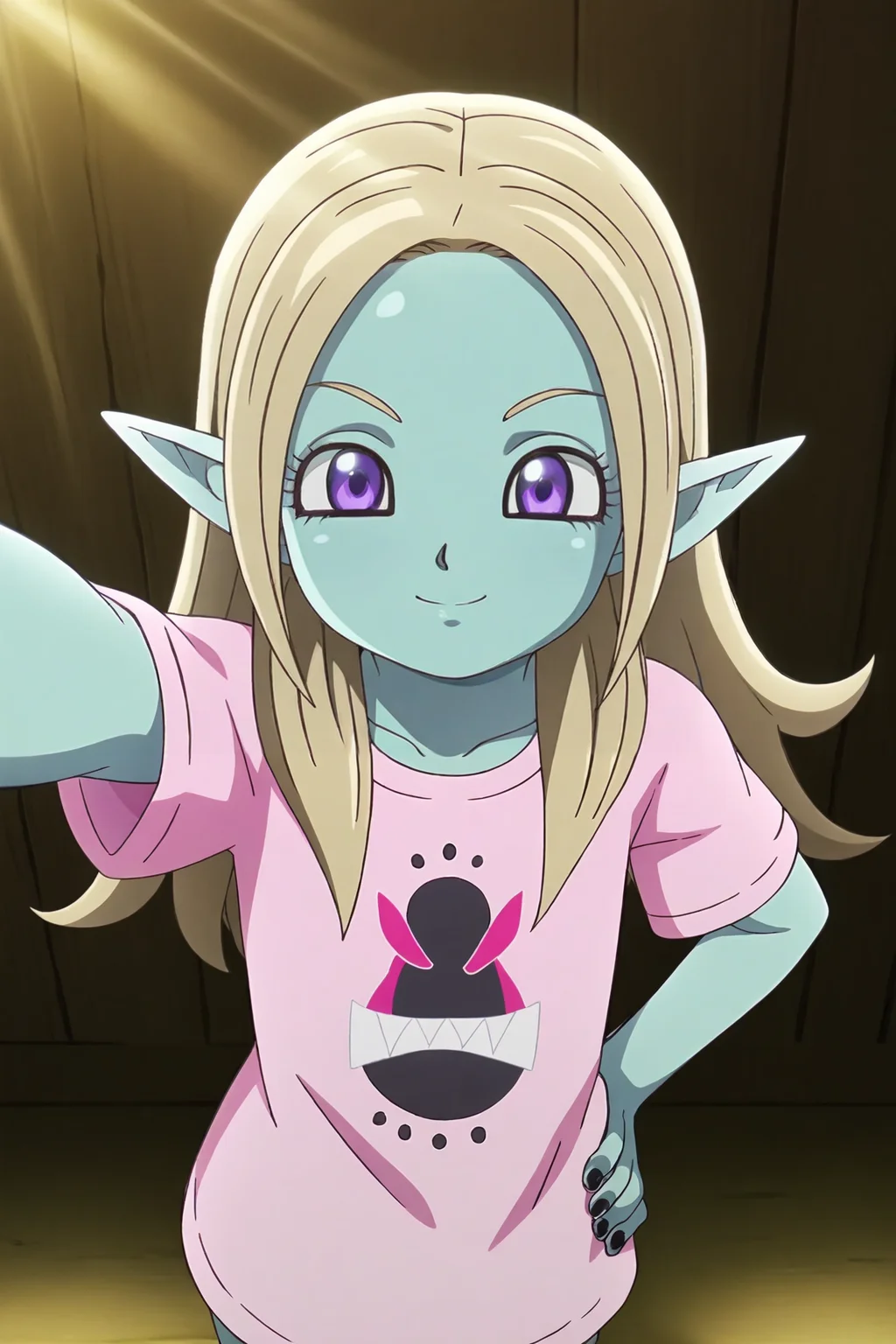 anime screencap, masterpiece, best quality, amazing quality, very aesthetic, absurdres, newest, (scenery, volumetric lighting), dappled sunlight, light particles, light rays,
panzy, official style, anime screencap, hair down, 1girl, solo, blonde hair, long hair, blue skin, colored skin, purple eyes, pointy ears, smile, t-shirt, pink shirt, print shirt, logo print, collarbone, hand on hip, outstretched arm, selfie, from above, black nails, looking at viewer, blurred background, closed mouth, upper body, indoors, eyeliner, flat chest, short sleeves
<lora:Panzy_IL:0.8>