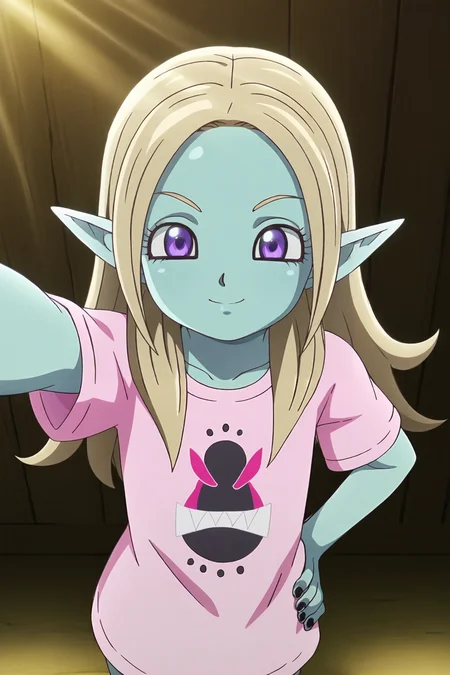 anime screencap, masterpiece, best quality, amazing quality, very aesthetic, absurdres, newest, (scenery, volumetric lighting), dappled sunlight, light particles, light rays,
panzy, official style, anime screencap, hair down, 1girl, solo, blonde hair, long hair, blue skin, colored skin, purple eyes, pointy ears, smile, t-shirt, pink shirt, print shirt, logo print, collarbone, hand on hip, outstretched arm, selfie, from above, black nails, looking at viewer, blurred background, closed mouth, upper body, indoors, eyeliner, flat chest, short sleeves
<lora:Panzy_IL:0.8>