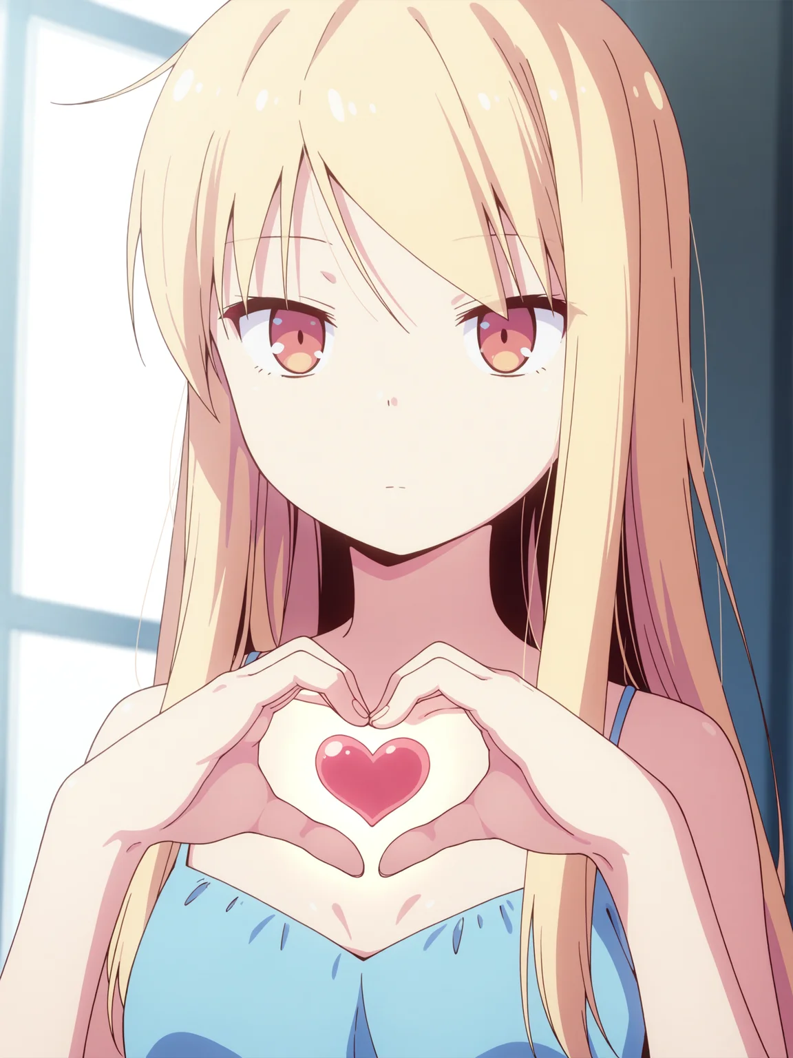 best quality,amazing quality,<lora:Mashiro_Shiina:1>,mashiro_shiina,blonde hair,small breasts,portrait,expressionless,dress,shows heart with hands,