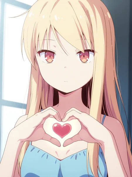 best quality,amazing quality,<lora:Mashiro_Shiina:1>,mashiro_shiina,blonde hair,small breasts,portrait,expressionless,dress,shows heart with hands,