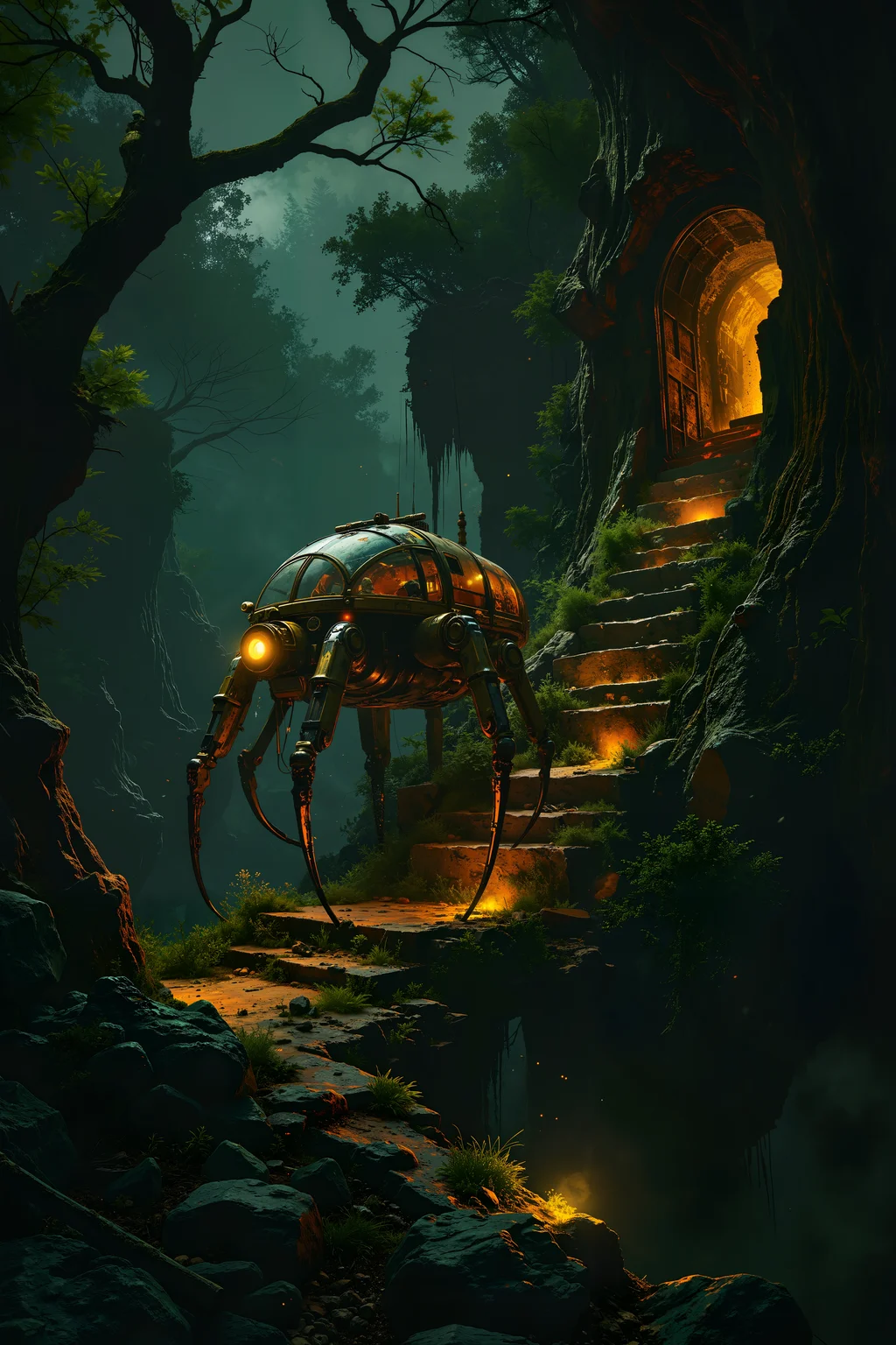 A towering, spider-like vehicle moves delicately along a narrow road that spirals around the trunk of an impossibly large, glowing tree. Each of the vehicleâs eight legs is a mechanical marvel, covered in shimmering, copper plates and tipped with claws that grip the bark with precision. The body of the vehicle is a domed cabin made of glass and gold, filled with intricate gears and softly glowing machinery. The treeâs trunk is covered in luminescent moss that bathes the entire scene in a soft, green light, while glowing sap drips slowly from its ancient bark. The road is narrow and treacherous, twisting and turning as it ascends toward the canopy high above, where massive leaves glow like stained glass against the dim, starry sky. The driver, a figure with elongated limbs and a face obscured by a mask of polished wood, moves levers and wheels inside the cabin, guiding the vehicle with careful precision. High above, bioluminescent birds circle, their calls echoing softly through the vast expanse of the tree. The spider-vehicle moves slowly but steadily, its glowing legs leaving faint scorch marks on the bark as it climbs. , detailed background Fantastic lighting. Detailed shadows.intricate details, vivid colors, hyper-detailed, ultra-sharp, High resolution, high detail. Highly detailed. , <lora:Luminous_Shadowscape-000016:0.4><lora:black_fantasy_1.0:0.4><lora:Glitchcore_Flux:0.4><lora:- Flux1 - vanta_black_V2.0:0.4>