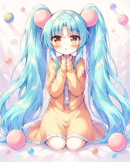 score_9, score_8_up, score_7_up, score_6_up, source_anime, rating_safe, ah1, 1girl, (Lying down on stomach with head propped up on hands,), (pastel blue Faux suede fringe jacket), (in a kingdom in peril by a powerful necromancer), (Eyebrows are raised, and the mouth forms a slight grimace), <lora:HOSHINO_ruri_PONYXL:0.8>, blush, brown_eyes, very long hair, aqua hair, twintails,