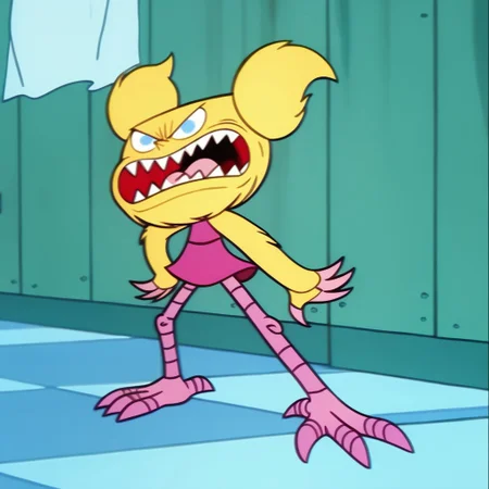 score_9, score_8_up, score_7_up BREAK DeeMon, 1girl, blonde fur, light blue eyes, sharp pointy teeth, pink claws, pink legs, sleeveless pink dress, flatshaded, flatshading, flat shading, screenshot, official art, parody, cartoon footage, official design, screencap, cartoon screenshot, official screenshot, 2d, cartoon, source_cartoon, solo, solo focus, angry at viewer, full body,