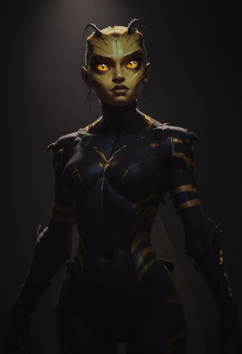 score_9, score_8_up, score_8_up, raw, Thri Kreen, colored sclera, beetle antennae, 2 pairs of hands, black eyes, (black chitin, yellow face chitin, yellow stripes:2), insect wings, white hair, black antennae, fur collar,  steel armor, fantasy background, blurred background, arthropod abdomen, arthropod, insect, insect hive background, blurry background, honey, dripping honey, gloden diffuse lighting, dark lighting, Dvorah, (cowboy shot:1.5),
BREAK, arcan3styl3v1, 43stl1ght1ng, low light, dramatic lighting, darkness, smoke, neon, spotlight, concept art, realistic, dark theme, low light,