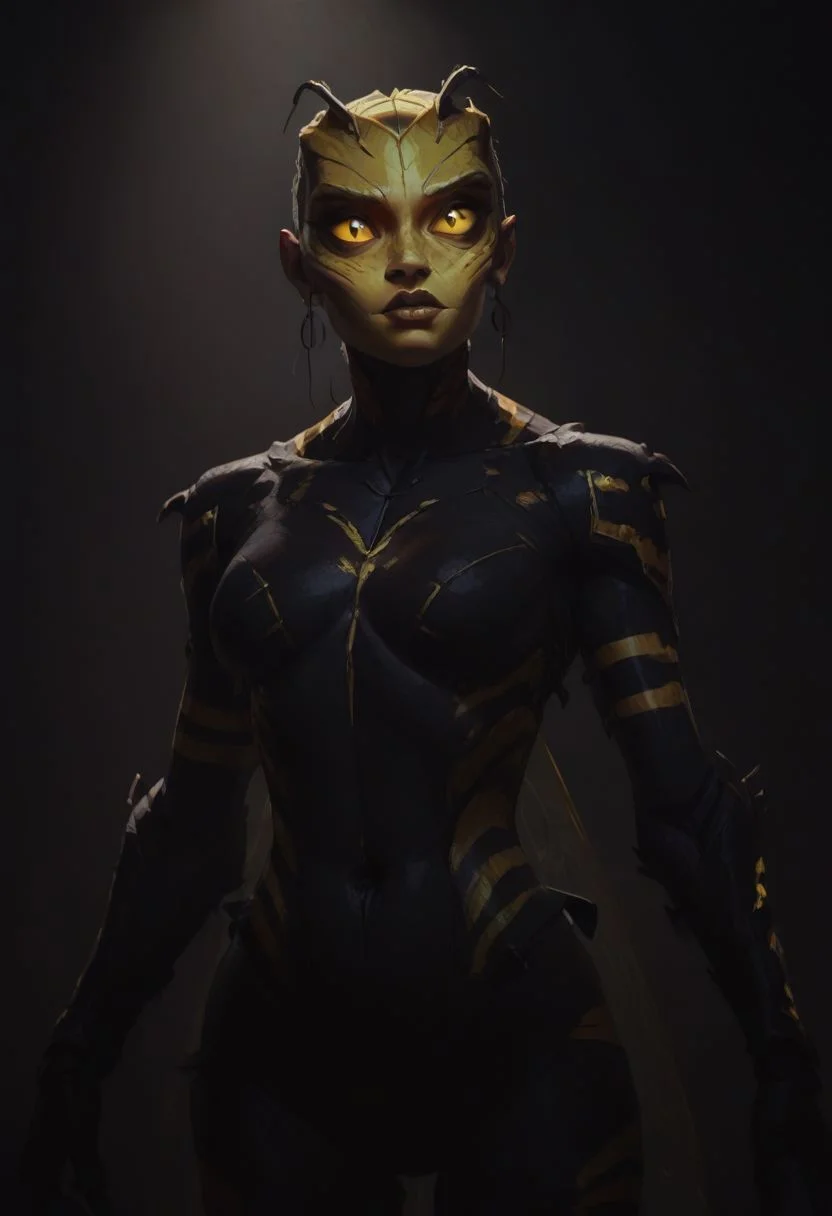 score_9, score_8_up, score_8_up, raw, Thri Kreen, colored sclera, beetle antennae, 2 pairs of hands, black eyes, (black chitin, yellow face chitin, yellow stripes:2), insect wings, white hair, black antennae, fur collar, steel armor, fantasy background, blurred background, arthropod abdomen, arthropod, insect, insect hive background, blurry background, honey, dripping honey, gloden diffuse lighting, dark lighting, Dvorah, (cowboy shot:1.5),
BREAK, arcan3styl3v1, 43stl1ght1ng, low light, dramatic lighting, darkness, smoke, neon, spotlight, concept art, realistic, dark theme, low light,