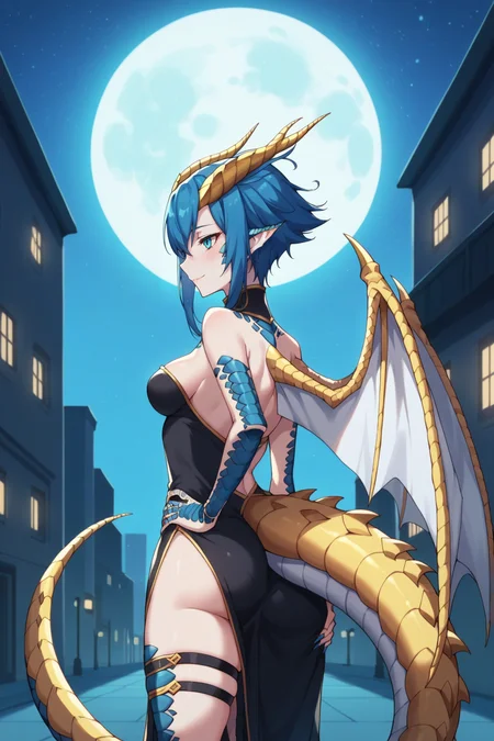 score_9, score_8_up, score_7_up, source_anime, 1girl, prefect lighting, very aesthetic, intricate details, highly detailed background, masterpiece, high quality, prefect hands, best quality, solo,
<lora:Skadi_Dragenfelt_Monster_Girl_Doctor_V1:.75>, KJOskadi, dragon girl, monster girl, dragon tail, scales, blue hair, horns, blue blue eyes, slit pupils, pointy ears, short hair, long ears, pale skin, wings,
black dress, side slit, bare shoulders, strapless, thigh strap, skindentation,
from behind, hand on own hip, seductive smile, blush,
night, city, street, tall buildings, moon,
(Beautiful, medium Breasts:1.2), natural breasts,
