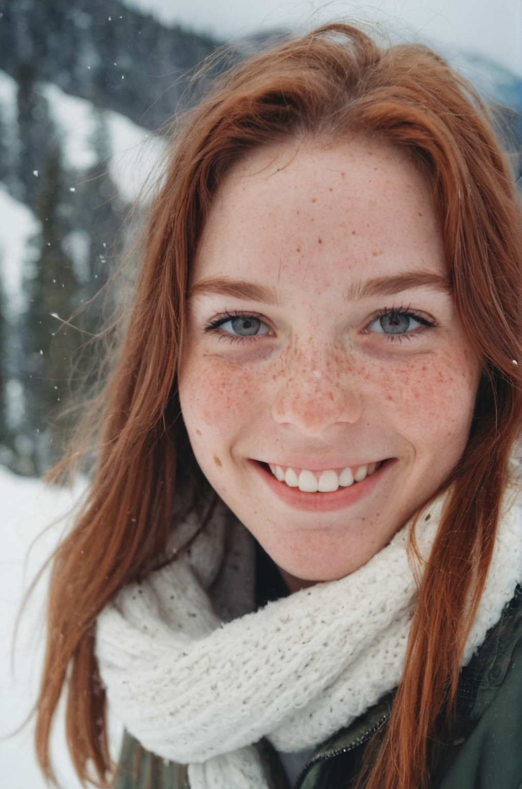 35mm photography portrait of beautiful smiling woman with freckles in a snow-covered mountain