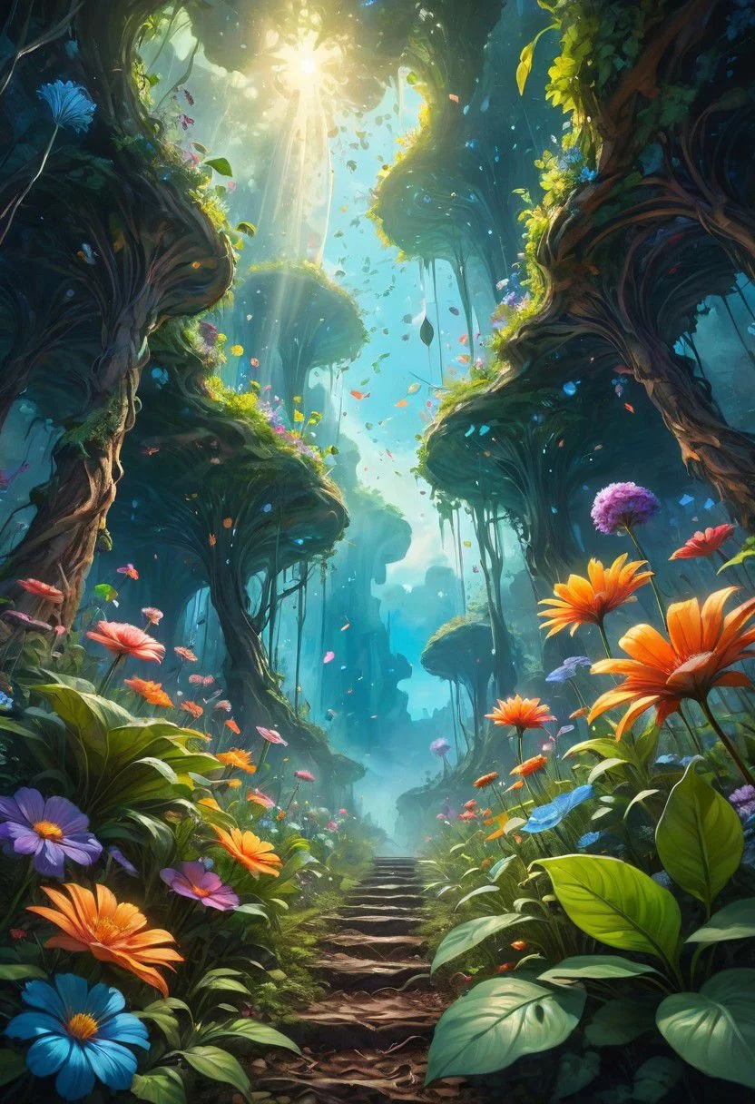 Seeing plants and flowers from the ground, view from below, atmospheric dreamscape painting, dream scenery art, highly detailed visionary art, cgi style, vibrant oil painting, splash art, Cozy mystery, masterpiece 8k wallpapper, neoplasticism, Unreal Engine, dramatic lighting