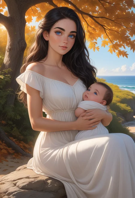(photorealism:1.5)
female princess,  thoughtful expression, gazing at the majestic tree, falling leaves,  calm coastal village in the background, warm sunlight, vibrant colors, high contrast, hyper-realistic, serene atmosphere, pensive pose, detailed, high-definition, reflective mood, peaceful setting,  long black hair, blue eyes
slight freckles, long eyelashes, thick eyebrows, light white wet dress, big neckline, 
head tilt, playful, perfect hands, eye contact,  midriff, beach, toned, fit, sitting on rock, holding her baby in arms,