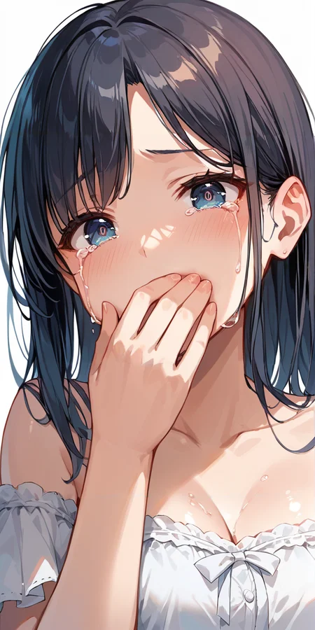 score_9, score_8_up, score_7_up,source_anime, high res image,masterpiece,best quality,break,
girl,cute face,clear skin,shiny hair,ultra detailed eyes,simple background,
<lora:hand over own mouth_pony_V1.0:0.7> hand over own mouth, covering own mouth <lora:tears_pony_V1.0:0.8> tears,crying