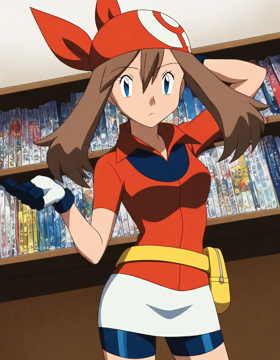 score_9, score_8_up, score_7_up, source_anime, <lora:pokemon-may-anime-illustrious-lora-nochekaiser:1>, pokemonmay, 1girl, may (pokemon), blue eyes, brown hair, bandana, long hair, red bandana, twintails, hair between eyes,, bike shorts, collared shirt, gloves, microskirt, multicolored shirt, pencil skirt, red shirt, shirt, short sleeves, skirt, white skirt,, bookstore, browsing shelves, new book smell, finding a favorite, quiet atmosphere, , looking at viewer, hand behind head, , solo,, cowboy shot, dutch angle, solo
