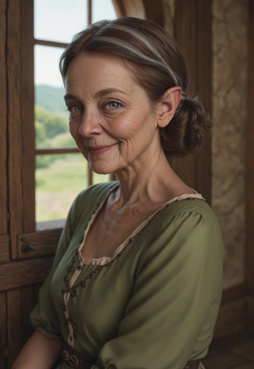 side profile portrait of a elderly hobbit woman with pointed elf ears (((pale skin))), wearing a dark-blue medieval dress with ornate silver embroidery, very short, ((grey eyes, brown hair with grey highlights)), sitting in a cozy rustic cottage, dark wood and green plaster materials, pastel light, looking at viewer, subtle smile expression,