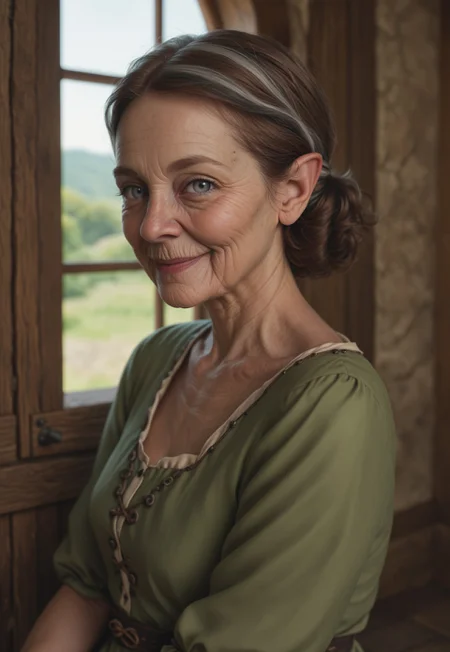 side profile portrait of a elderly hobbit woman with pointed elf ears (((pale skin))), wearing a dark-blue medieval dress with ornate silver embroidery, very short, ((grey eyes, brown hair with grey highlights)), sitting in a cozy rustic cottage, dark wood and green plaster materials, pastel light, looking at viewer, subtle smile expression,