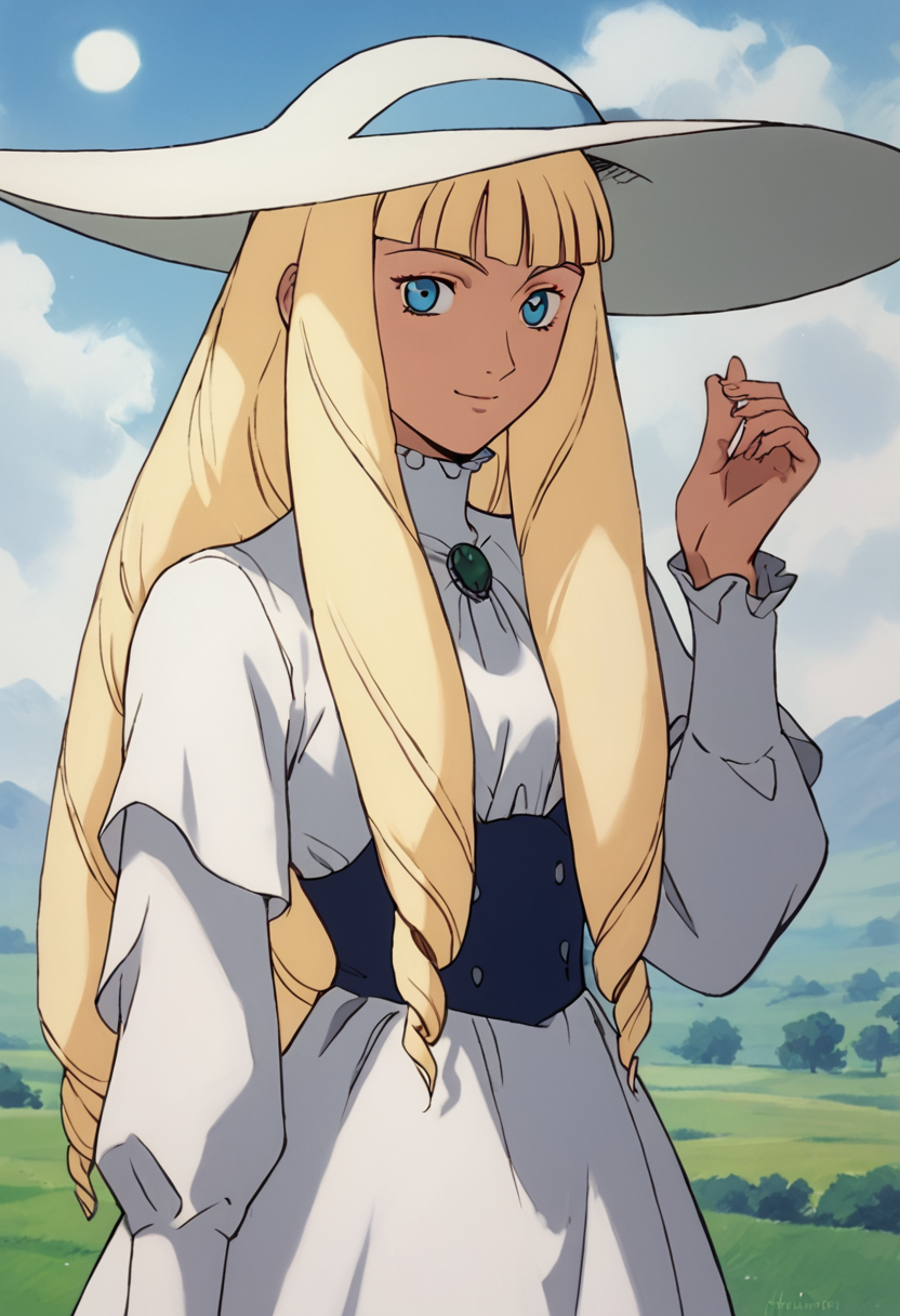 <lora:KihelTurnAPony1.0:0.8>Kihel, 1girl, solo, dress, blonde hair, long hair, blue eyes, white dress, long sleeves, smile, drill hair, sun hat, score_9, score_8_up, score_7_up, score_6_up, score_5_up, score_4_up, looking at viewer, 1990s \(style\)