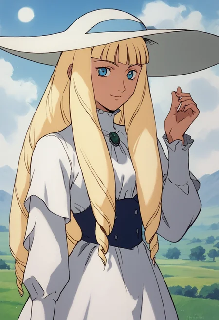<lora:KihelTurnAPony1.0:0.8>Kihel, 1girl, solo, dress, blonde hair, long hair, blue eyes, white dress, long sleeves, smile, drill hair, sun hat, score_9, score_8_up, score_7_up, score_6_up, score_5_up, score_4_up, looking at viewer, 1990s \(style\)
