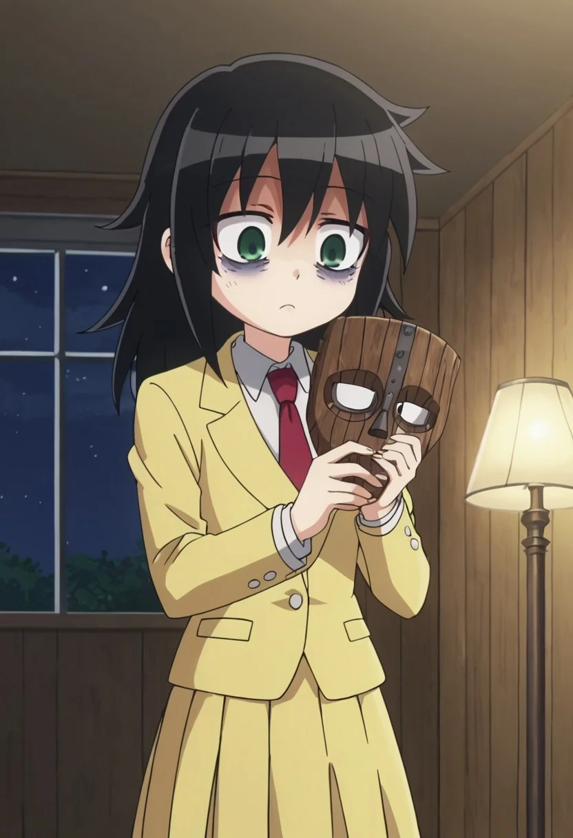 score_9, score_8_up, score_7_up, best quality, masterpiece, anime screencap, anime coloring, <lora:tomoko-watamotePDXL:0.8>,
1girl, solo, tomoko kuroki, green eyes, long hair, bags under eyes, school uniform, necktie, blazer, yellow skirt,
Indoors, bedroom, night, 1lamp, standing, holding wooden mask, looking down, stare behind mask opening, Surprised expression, big eyes,
1wooden mask, brown mask, rivets, girder, wooden mask no eyes, small mask,