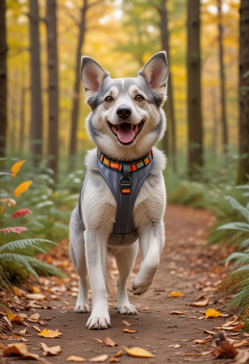 (medium full shot) of (friendly dog) with grey silky fur, wearing a striped harness, performing barking happily, set in  a vibrant forest, with colorful foliage, playful squirrels, a wide trail, and an energetic dog running, during the day, Masterpiece,best quality, photo, realistic, very aesthetic,