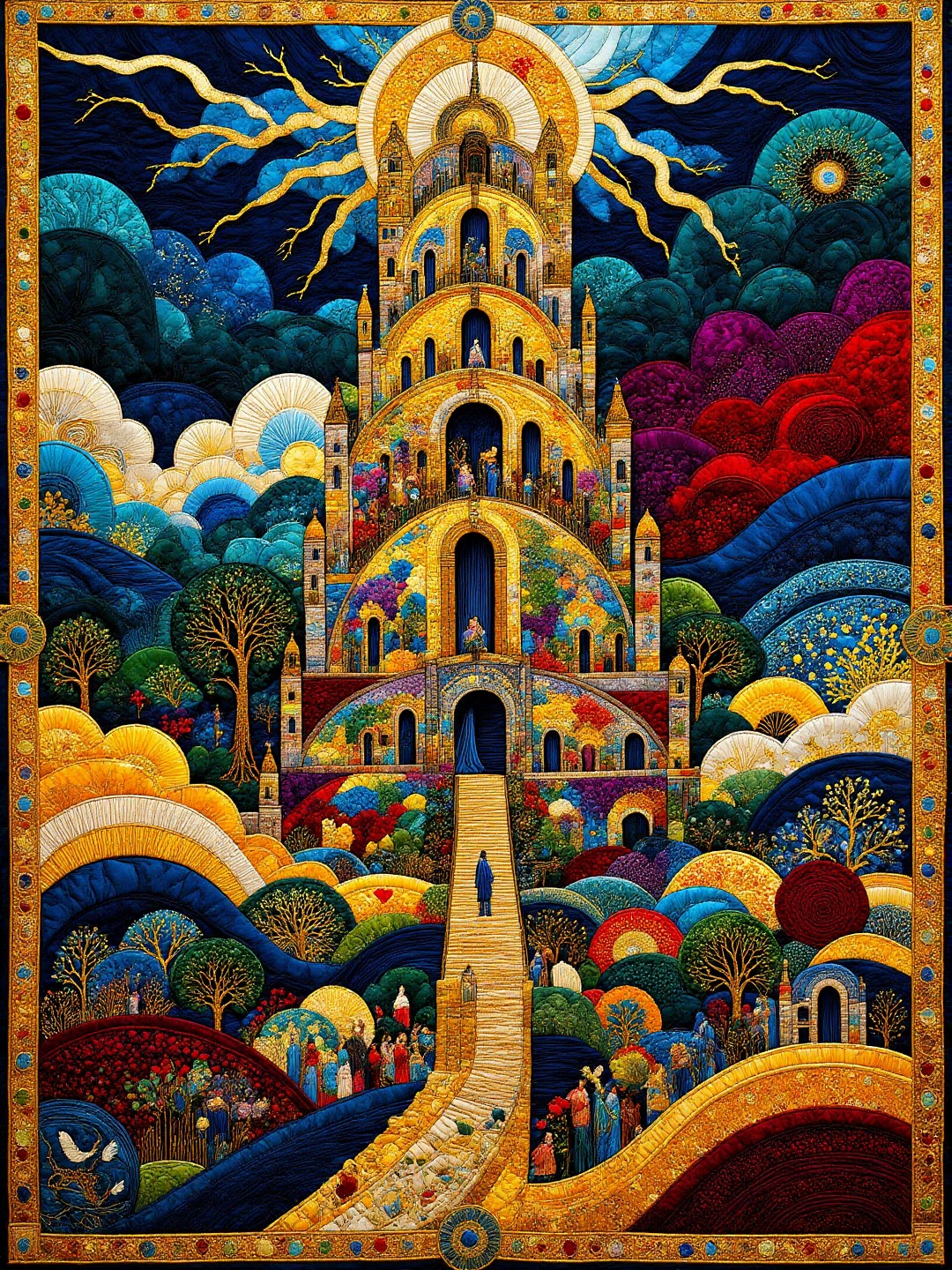 Tarot The Tower, struck by lightning, people falling <lora:midjourney_whisper_chromaplex_v1:0.9> <lora:Embroidered_Quilting_Flux:0.9>