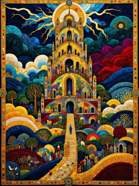 Tarot The Tower, struck by lightning, people falling <lora:midjourney_whisper_chromaplex_v1:0.9> <lora:Embroidered_Quilting_Flux:0.9>