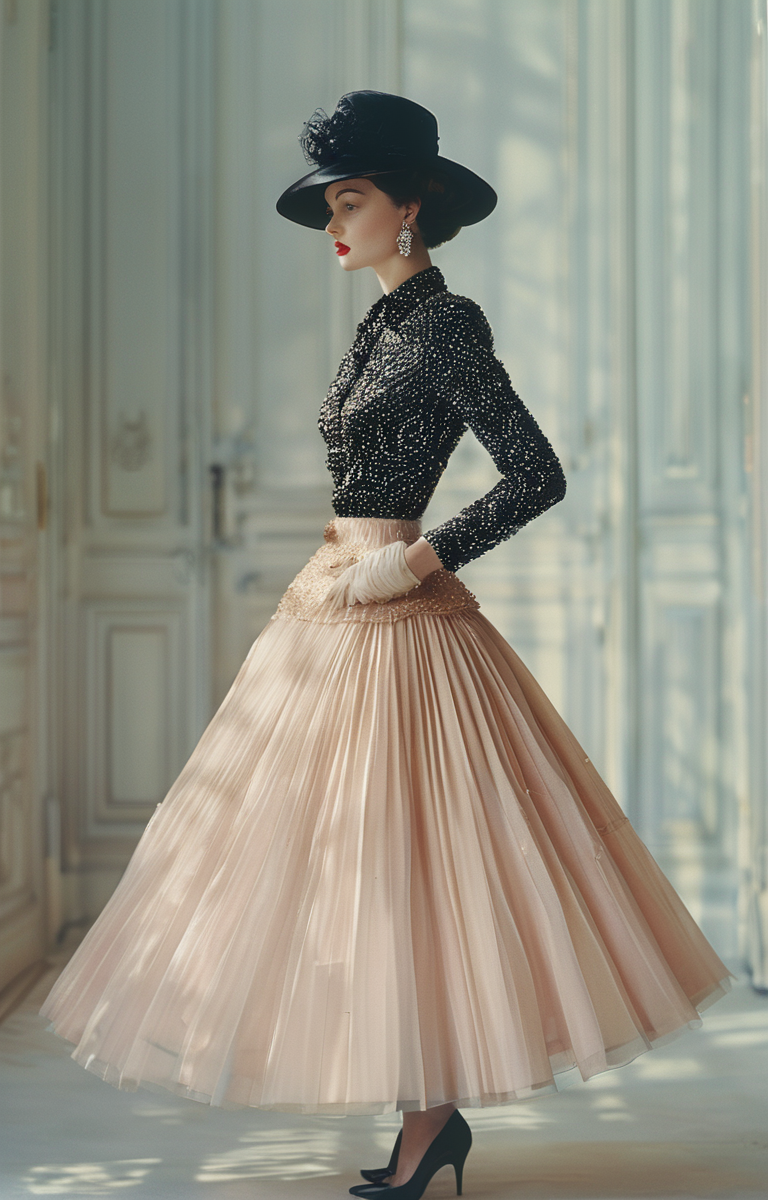 masterpiece,best quality,<lora:tbh322-sdxl:0.9>,illustration,style of Christian Dior Dior's iconic 'New Look' silhouette, cinched waist, full skirt, 1950s glamour, Paris fashion week