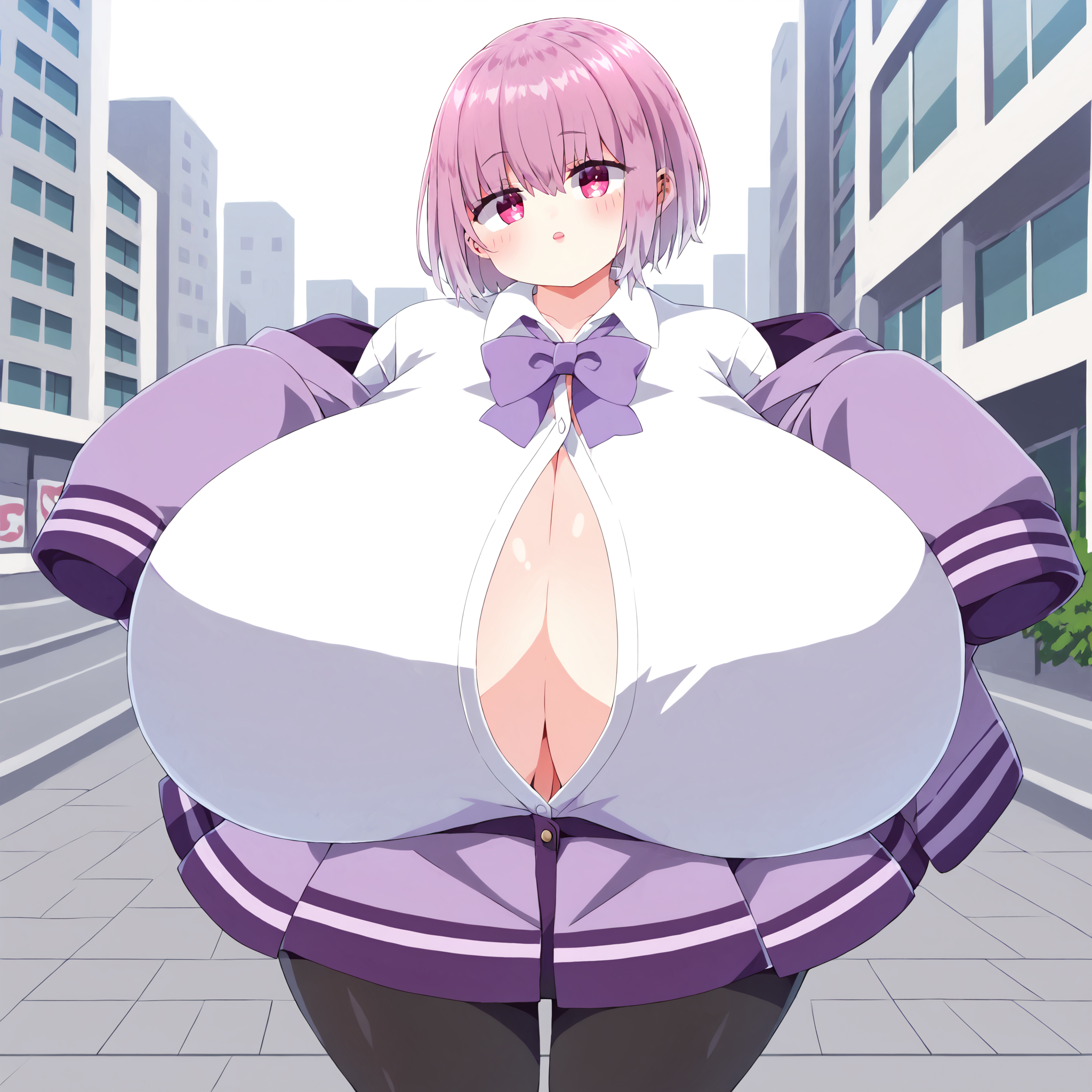 (masterpiece), best quality, (highly detailed), score_9, score_8_up, score_7_up, score_6_up, score_5_up, 1female, <lora:Akane_Shinjo_SSSS.Gridman_V2:0.85> , KJOakane, short hair, pink hair, pink eyes, black pantyhose, bow, collared shirt, hood, hooded jacket, jacket, open clothes, open jacket, open shirt, pantyhose, purple bow, purple jacket, school uniform, shirt, sleeves past wrists, unbuttoned shirt, white shirt, <lora:KonbuLatte_style:0.8>, city, gigantic breasts, <lora:HYPv1:1>