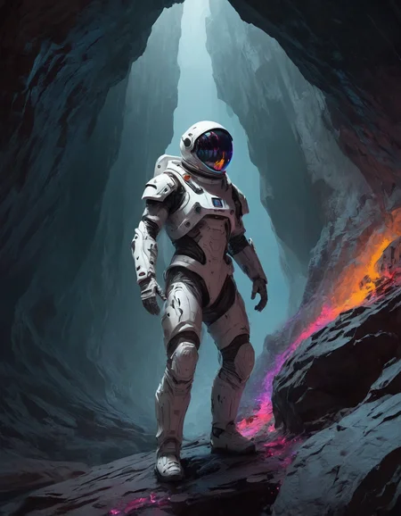 a beautiful artwork illustration, concept art sketch of an astronaut in white futuristic cybernetic armor in a dark cave, volumetric fog, godrays, high contrast, vibrant colors, vivid colors, high saturation, by Greg Rutkowski and Jesper Ejsing and Raymond Swanland and alena aenami, featured on artstation, wide angle, vertical orientation, eroded cliffs, crumbling edges, treacherous footing, panoramic vistas, <lora:detailed_notrigger:1>