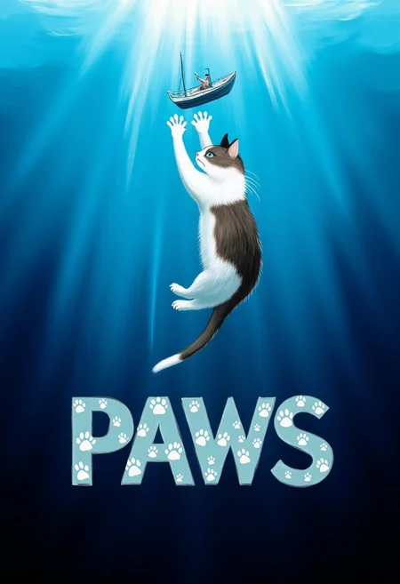 CINNAPAINT, parody movie poster in the style of the classic film JAWS, but with a adorable twist. Deep beneath the surface of the ocean, a massive kitten is depicted reaching up towards a tiny boat with its enormous paws, as if about to give them a playful swat. The kitten's fur is a fluffy white, and its eyes are a bright, sparkling blue. The boat is oblivious to the kitten's presence, floating serenely on the surface far above. The ocean is a deep blue, with sunlight filtering down from above and casting a warm glow on the kitten's fur. In the foreground, the title "PAWS" is emblazoned in bold, playful letters, with each letter made up of a cat's paw print. The background is a vast, endless expanse of ocean, with no land in sight. Style: extremely detailed, and humorously adorable, with a focus on capturing the playful, lighthearted atmosphere of a parody poster.