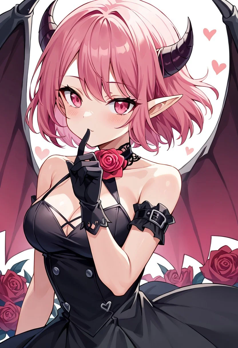score_9, score_8_up, score_7_up, dress krixi, 1girl, horns, heart, gloves, wings, pointy_ears, dress, short_hair, pink_eyes, pink_hair, black_gloves, flower, breasts, black_dress, rose, medium_breasts