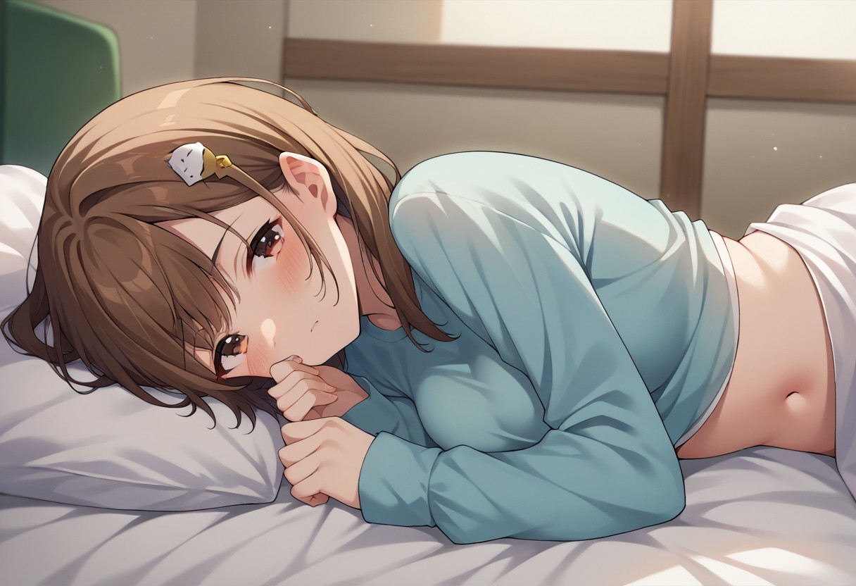 score_9, score_8_up, score_7_up, source_anime, pov across bed, navel, shirt, brown hair, medium breasts, long sleeves, blush, indoors, hair ornament, brown eyes