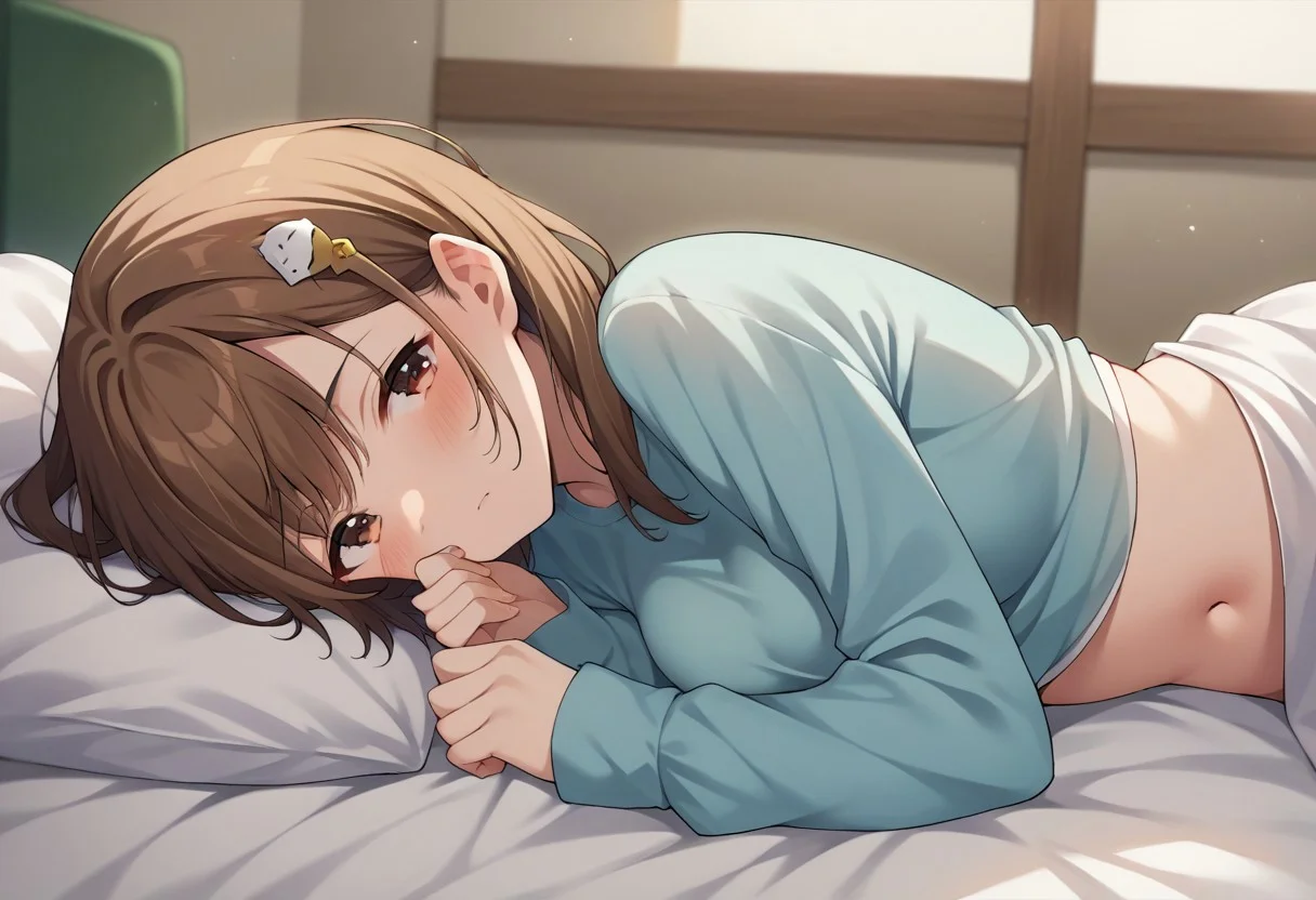 score_9, score_8_up, score_7_up, source_anime, pov across bed, navel, shirt, brown hair, medium breasts, long sleeves, blush, indoors, hair ornament, brown eyes