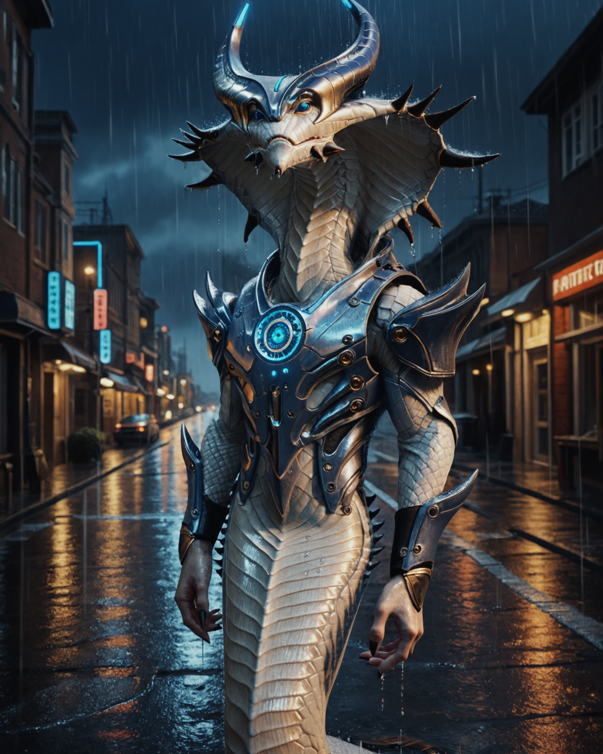 score_9, score_8_up, score_7_up, rating_questionable, intricately detailed,
<lora:Viper_King_XCOM_2:0.8>, 
1boy(v1per_king, sp1key_armor, thigh up focus, reptilian, white scales, black spikes, solo, looking at the viewer), 
rain, wet street, wet, science fiction city, futuristic buildings, high rises, on a road, at night, darkness, rainfall, dark theme,
depth of field, detailed background,
<lora:ral-chrosc-clr:0.5>, ral-chrosc-clr,
<lora:Expressive_H:0.5>, expessiveH,
<lora:xl_more_art-full_v1:0.3>,
<lora:add-detail-xl:0.3>