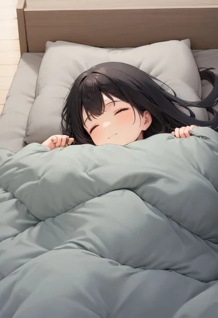1girl, black hair, long hair, happy, light smile,
futon, pillow, closed eyes, bed, sleeping, lying, under covers, blanket,
masterpiece, best quality, ultra-detailed, illustration,
<lora:kakebuton_SDXL_V1:0.8>