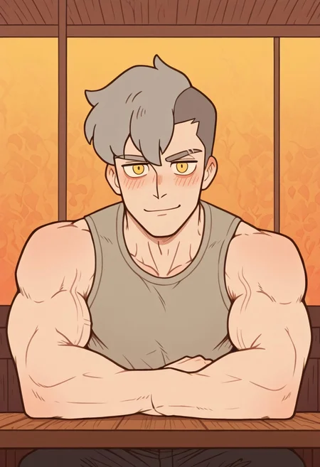 w0lfc0nf, Damao, All Saints Street/(Series)/, grey hair, golden eyes, restaurant background, dressed, standing, flexing, warm smile, slightly blushing, casual clothes, looking at viewer, normal angle, muscular, 1boy, male focus, warm colors, muscular body, on a date, broad shoulders, sitting, table, perfect anatomy, masterpiece, cool composition, perfect quality, best quality, detailed, newest, very aesthetic