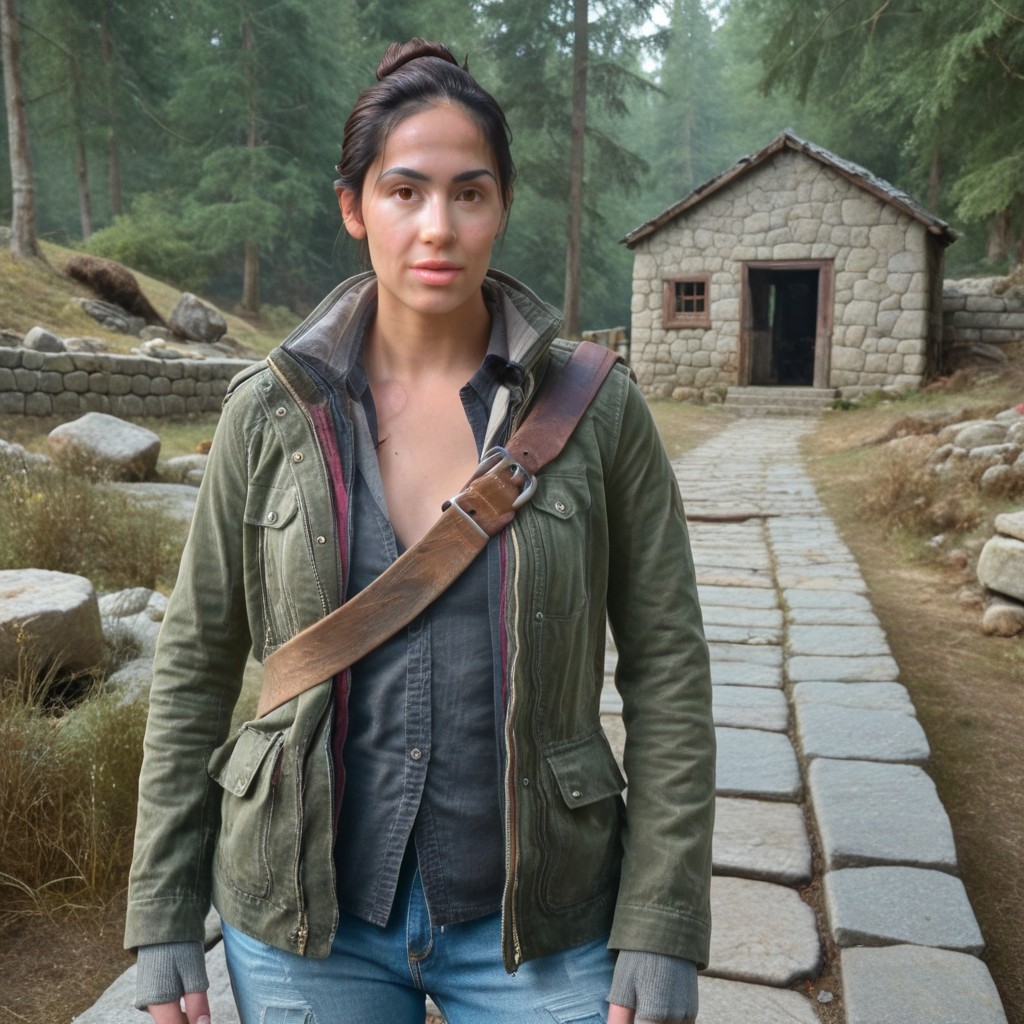 masterpiece, best quality, realistic, break, rikki_dg, black hair, single hair bun, brown eyes, shirt, jacket, sash, fingerless gloves, jeans, sititng, stone, looking at viewer, outdoors, natural lighting
