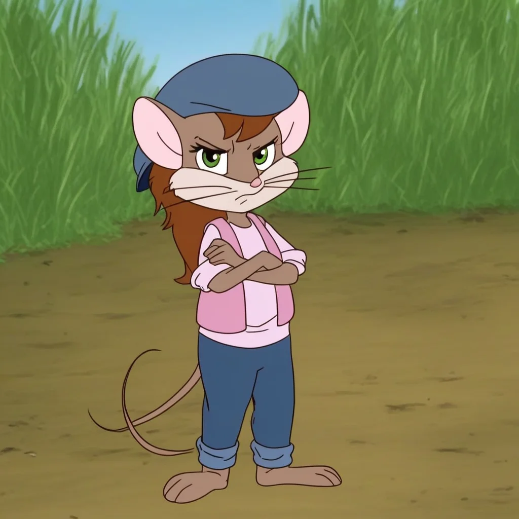 source_cartoon, 1girl, solo, bridgidbarnes, semi-anthro, mouse, brown fur, whiskers, green eyes, dark brown short hair, dark blue newsie cap, pink vest, light pink shirt, dark blue long pants, looking at viewer, annoyed expression, closed mouth, half-closed eyes, crossing arms, blue sky, standing, barefoot outdoors