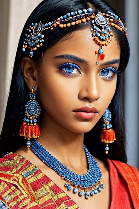 close-up photographic portrait of woman with strikingly vibrant blue-silver eyes. Soft shoulders showing. The face should, intricate, tribal-inspired art, patterns, reminiscent of beadwork and ceremonial embellishments, scheme, rich reds, oranges, blues --ar 2:3
