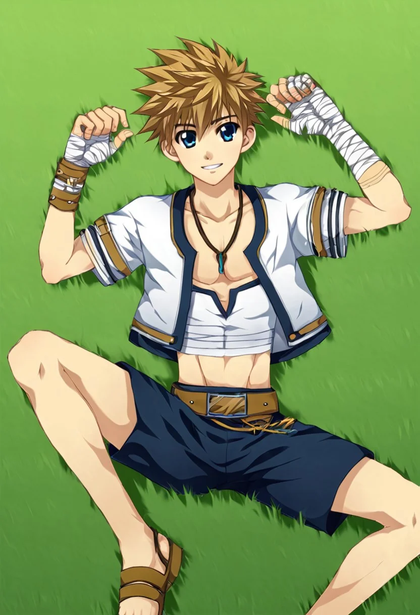 connor bleufin, blond hair, short hair, spiky hair, blue eyes, 1boy, solo focus, solo, alone, lie on grass, hand spread, leg spread, open clothes, crop shirt, bandage on wrist, bandage on hands