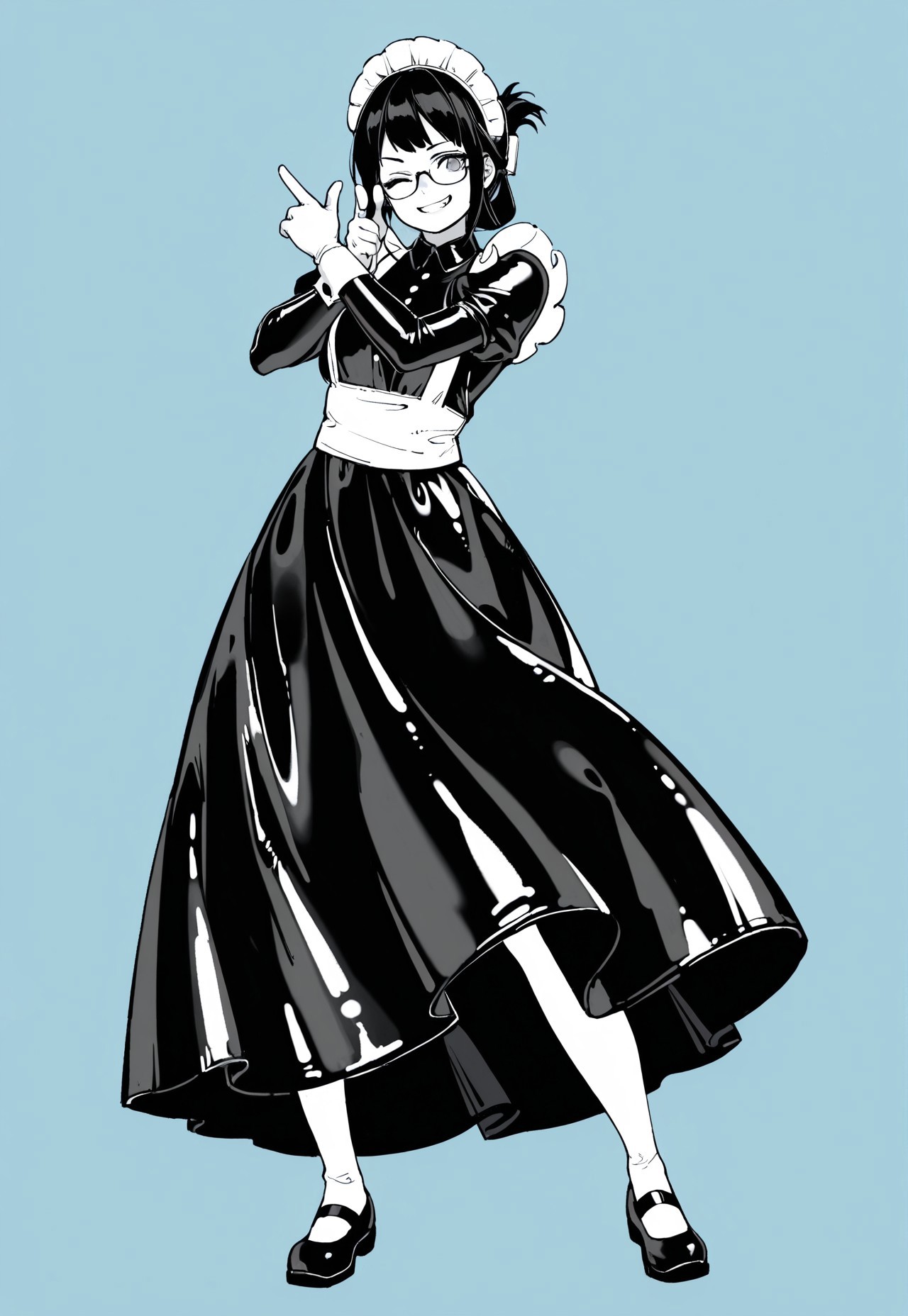 lazympos, sktchst, monochrome, blue background, 1girl, maid, long dress, latex dress, white apson, maid headdress, black hair, folded ponytail, glasses, gray eyes, white stockings, mary janes, grin, wink, finger gun