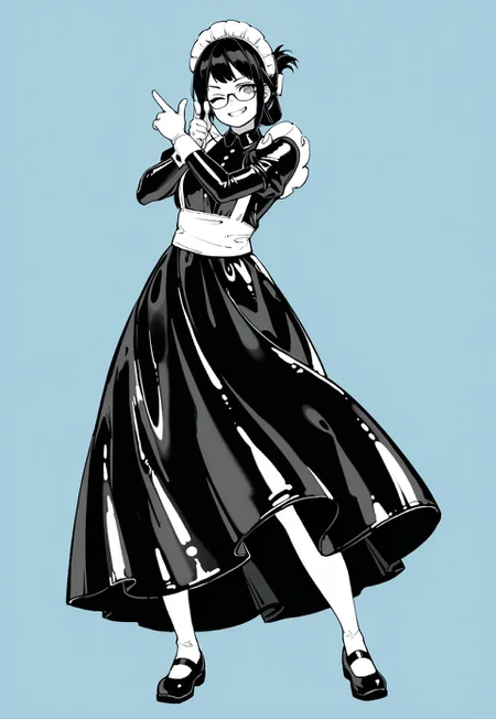 lazympos, sktchst, monochrome, blue background, 1girl, maid, long dress, latex dress, white apson, maid headdress, black hair, folded ponytail, glasses, gray eyes, white stockings, mary janes, grin, wink, finger gun