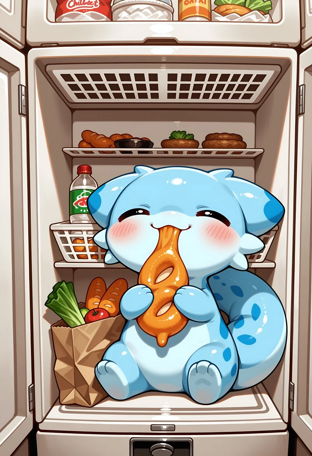 masterpiece, very aesthetic, solo, chillet, chibi, sitting in fridge, food, groceries, eating, happy, dynamic pose <lora:spo_sdxl_10ep_4k-data_lora_webui:1.0>