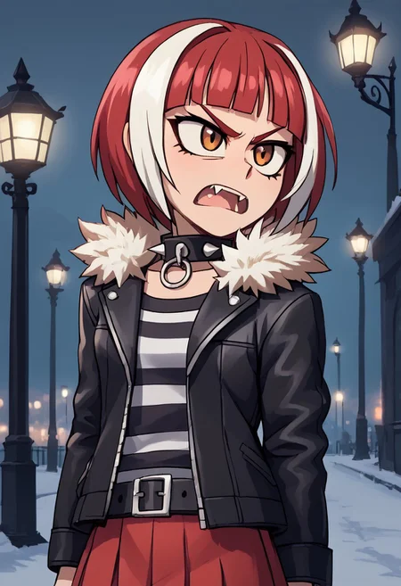 score_4,score_5,score_6,score_7_up,score_8_up,score_9
((masterpiece,best quality,ultra detailed,highres,HD,4k:1.2)),
Gibril(normal), 1 girl, solo, striped white hair, short hair, bob cut, bangs, multi-colored hair, red hair, fangs, teeth, brown eyes,
jacket, spikes, collar, fur trim, spiked collar, striped shirt, black jacket, shirt, studded collar, red skirt, short skirt,
Moonlight, moonlight, ight, street light
frown,open mouth,