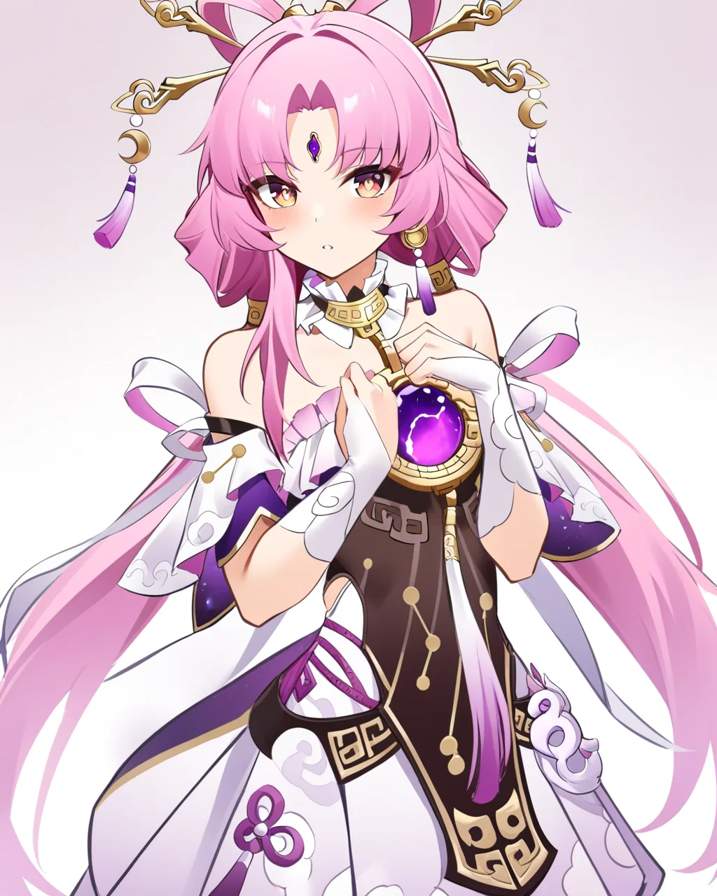masterpiece,best quality,<lora:star_rail_all:1>,1girl, solo, long hair, pink hair, hair ornament, choker, absurdres, bridal gauntlets, forehead jewel, fu xuan \(honkai: star rail\), highres, honkai: star rail, honkai \(series\), looking at viewer, low twintails, off-shoulder dress, parted bangs, parted lips, pink tassel, yellow eyes