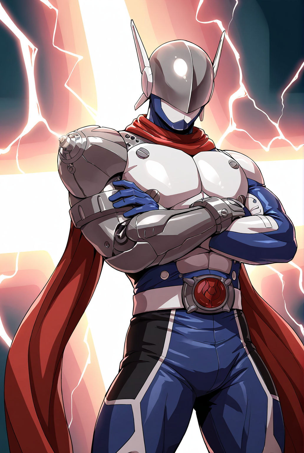 very awe,aesthetically pleasing,masterpiece,best quality,amazing quality,very aesthetic,ultra-detailed,high resolution,8k,1boy,solo,cowboy shot,bara,male focus,detailed face,tokusatsu,helmet,red scarf,armor,belt,gloves,bodysuit,standing,crossed arms,looking at viewer,mechanical parts,electricity background,<lora:add-detail-xl:1>,<lora:Justimon:0.8>,justim0n,
