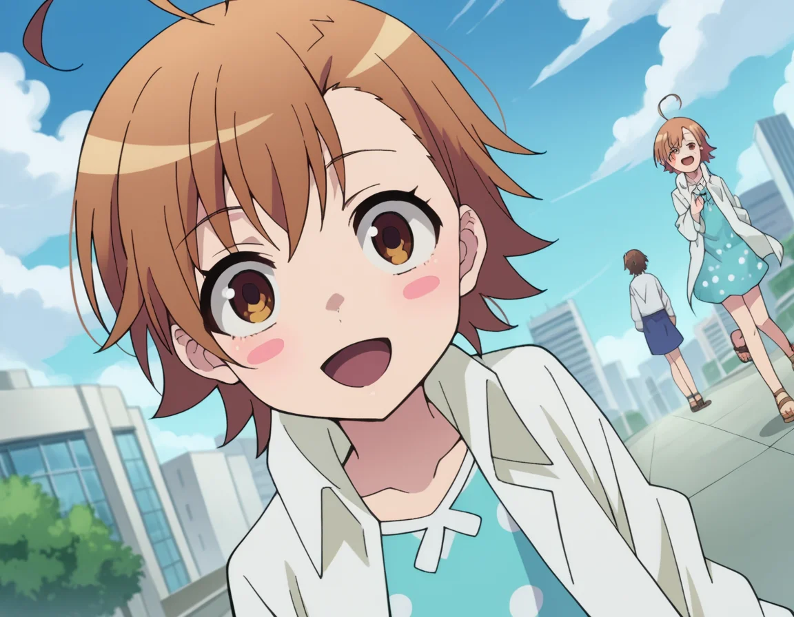 score_9, score_8_up, score_7_up, source_anime,
lastorder, <lora:last-order-acc1-ponyxl-lora-nochekaiser:1>,
last order, last order \(toaru majutsu no index\), short hair, brown hair, brown eyes, ahoge, blush, blush stickers,
dress, blue dress, sandals, polka dot, labcoat, polka dot dress,
outdoors, cityscape, smile, open mouth,
looking at viewer, dutch angle, cowboy shot,